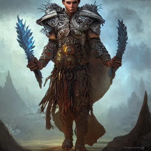 Prompt: HDR, realistic, high depth of field portrait of beautiful athletic male human latino short-haired sun cleric druid shaman with firefox pet, flame conjuring armored, highly detailed, moody face expression, intricate image by Andrei Riabovitchev, Shaun Tan and Peter Mohrbacher, matte painting