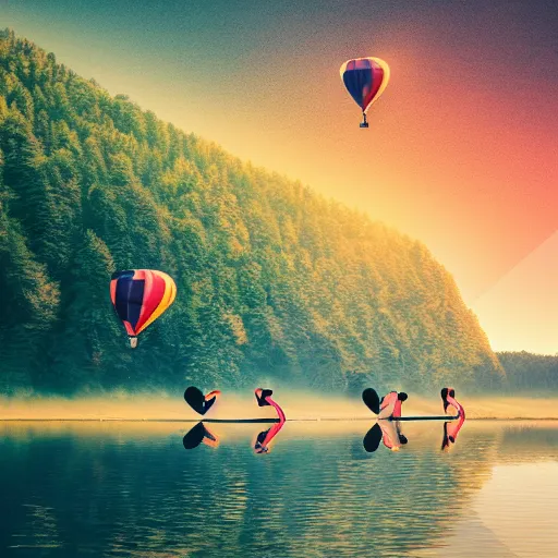 Image similar to photo of two black swans swimming in a beautiful reflective mountain lake, touching heads, forming a heart with their necks, a colorful hot air balloon is flying above the swans, hot air balloon, intricate, portrait, 8k highly professionally detailed, HDR, CGsociety, octane render, 4k