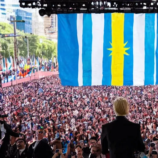 Image similar to Lady Gaga as president, Argentina presidential rally, Argentine flags behind, bokeh, giving a speech, detailed face, Argentina