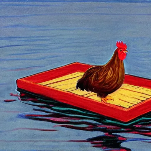 Image similar to digital art of a chicken on a raft, realistic, stylized, artstation, edward munch