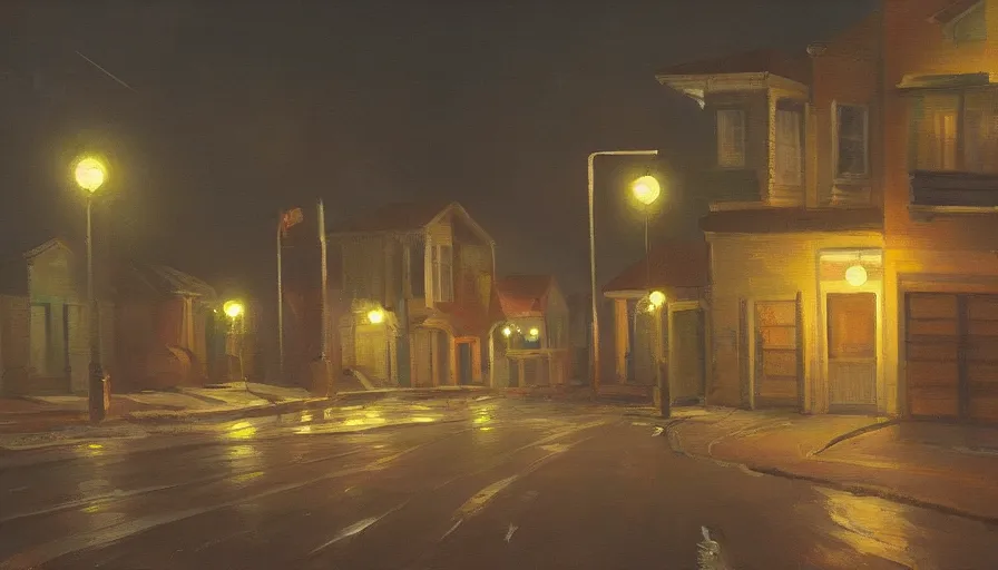 Prompt: a painting of a suburban street at night by jama jurabaev, cinematic shot, trending on artstation, high quality, ultra realistic