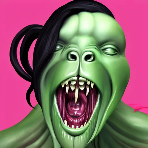 Image similar to kim kardashian being licked menacingly by an xenomorph, highly detailed, photorealistic, slime, saliva, artstation, smooth