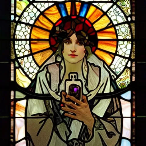 Prompt: burning man, cellphone, laptop, intricate, stained glass by alphonse mucha