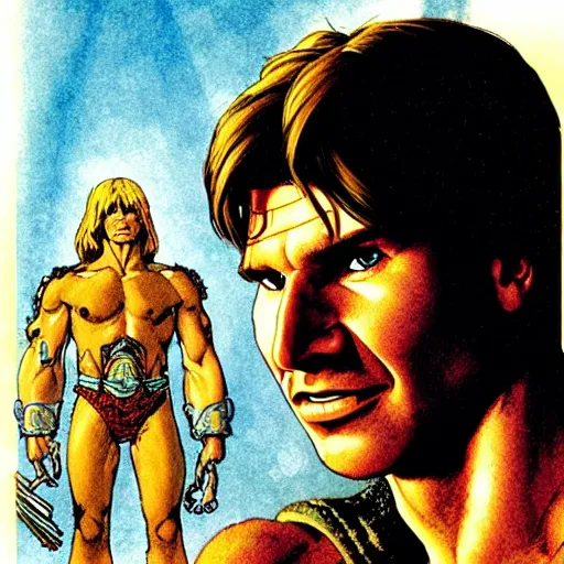 Prompt: a realistic, very beautiful and atmospheric portrait of young harrison ford as he - man character warrior wizard, prince of the universe, looking at the camera with an intelligent gaze by rebecca guay, michael kaluta, charles vess and jean moebius giraud