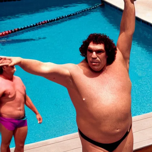 Prompt: andre the giant wearing a speedo and a sequin vest jumping in the pool from the movie my pool party, movie still, 8 k, realistic