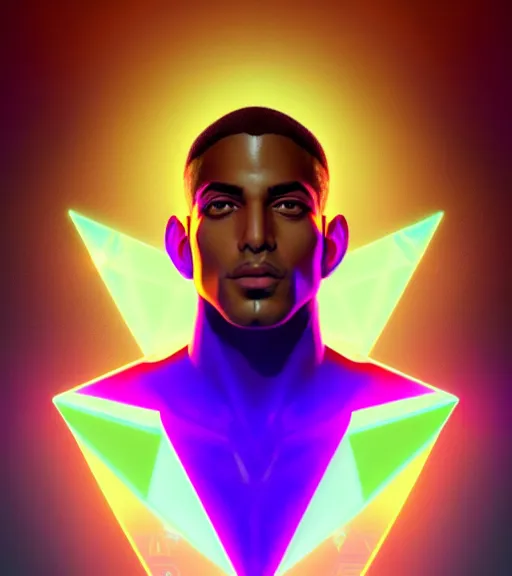 Image similar to symmetry!! egyptian prince of technology, solid cube of light, hard edges, product render retro - futuristic poster scifi, lasers and neon circuits, brown skin man egyptian prince, intricate, elegant, highly detailed, digital painting, artstation, concept art, smooth, sharp focus, illustration, dreamlike, art by artgerm