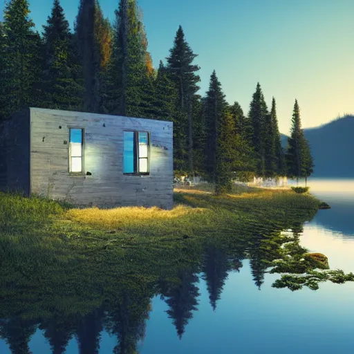 Prompt: small sci - fi cottage at the edge of a lake in the mountains, retro illustration on parchment, soft glowing windows, early evening, reflections, pine trees,