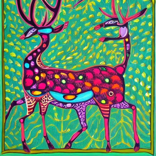 Prompt: colorful deer, gond paintings