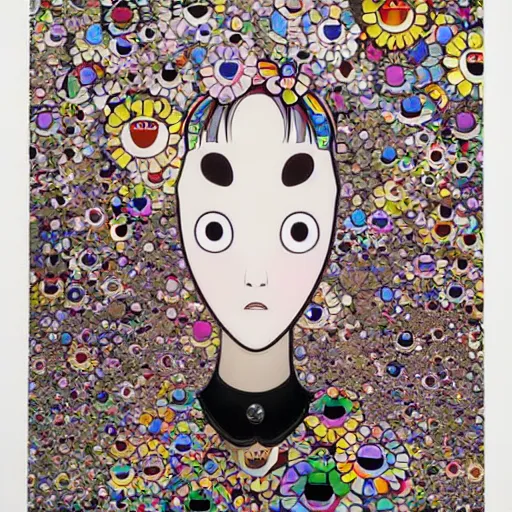 Prompt: melancholic by takashi murakami. the illustration is an abstract portrait of a woman. the woman's face is divided into two halves, one half is black & the other is white. the woman's eyes are large & staring. the illustration is full of energy & movement.