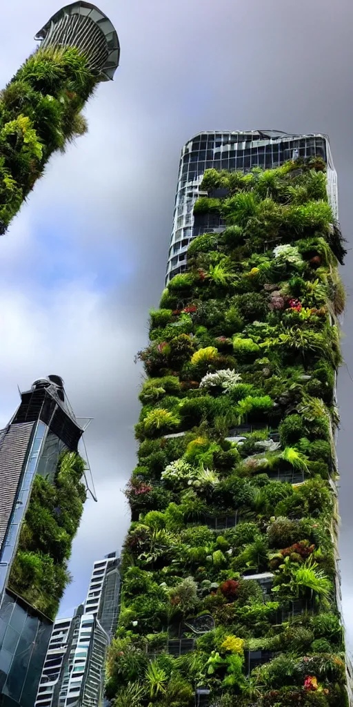 Image similar to the auckland sky tower covered in a living wall made from nz endemic plants. patric blanc