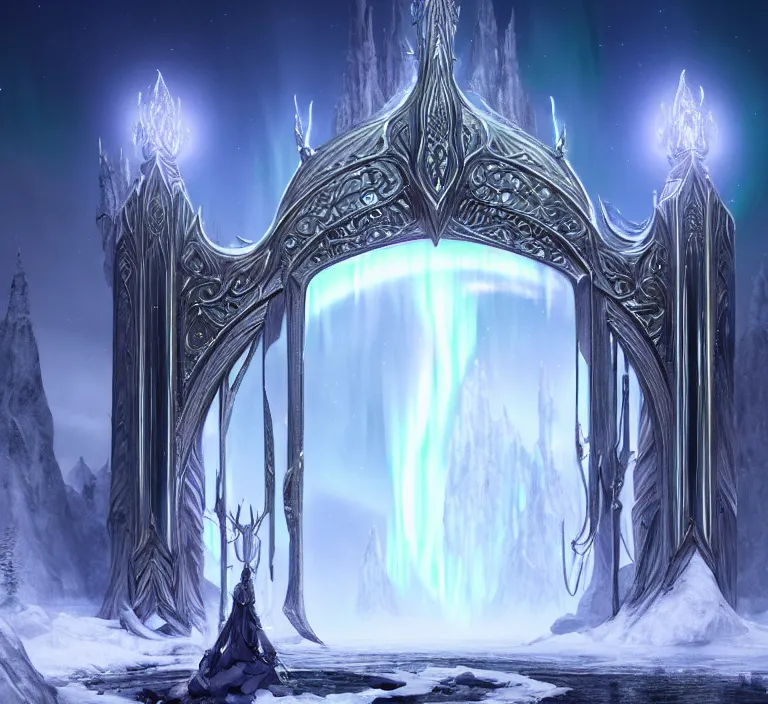 Image similar to a very detailed concept art of intricate and elven white gates to aurora borealis infused with magic, dynamic lighting trending on artstation, symmetry, digital art, 4 k, hyper realistic, octane render, sharp focus