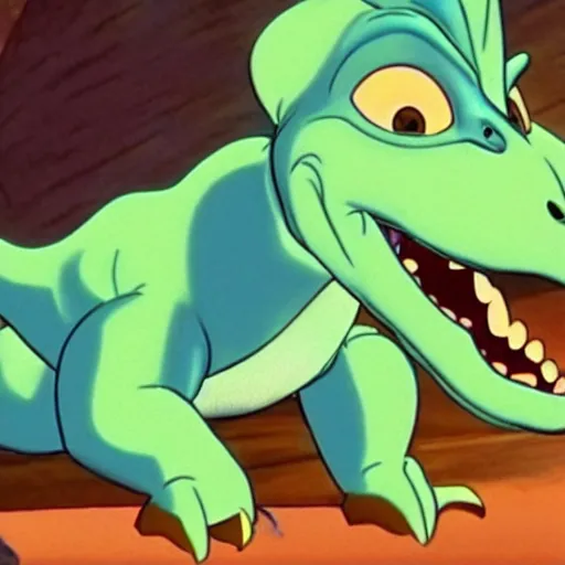 Image similar to cinematic still of a cartoon baby dinosaur by Don Bluth, 90s animation, land before time, hyperdetailed, 8k