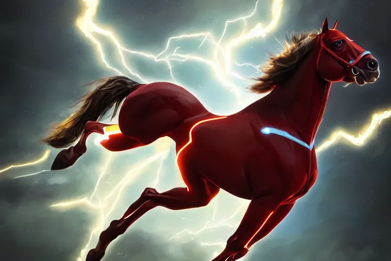 Image similar to a stunning digital painting of a horse as the flash in spandex costume, running in the speedforce by greg rutkowski, volumetric light, digital art, fine detail, photorealistic