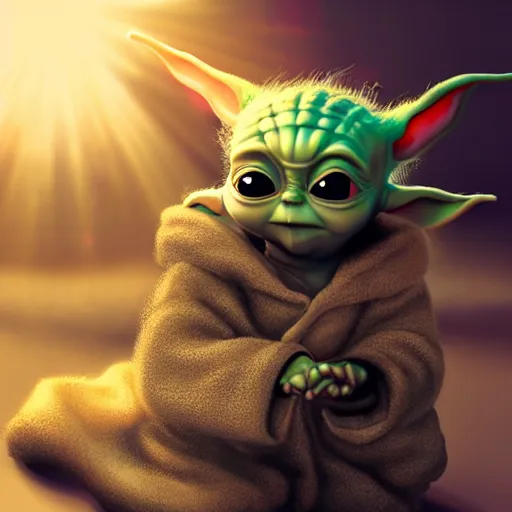 Image similar to baby yoda, trending on artstation, trending on deviantart, backlight, orange light, blue shadows, pink reflections