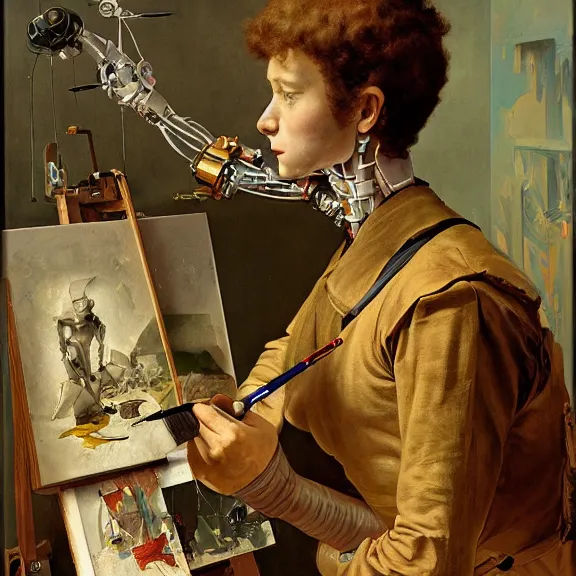 Image similar to robot artist painting a self - portrait on a canvas. intricate, highly detailed, photorealistic, film still, by carl spitzweg, hans thoma, alexandros pyromallis, gil elvgren, sachin teng.