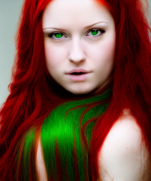 Image similar to Fae teenage girl, portrait, long red hair, green highlights