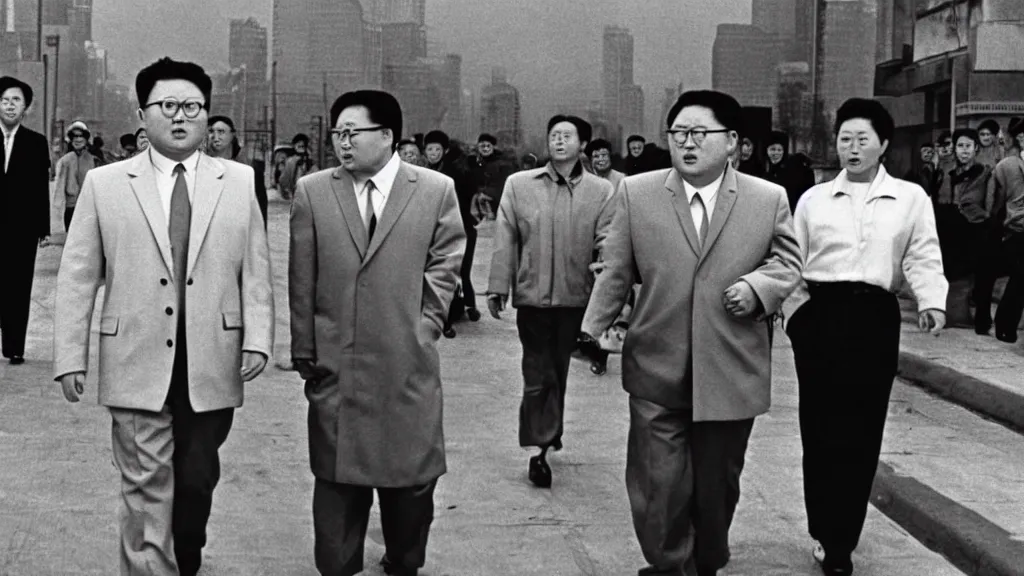 Image similar to kim jong - il walking in 1 9 6 0 s pyongyang, film noir thriller in the style of orson welles and andrei tarkovski