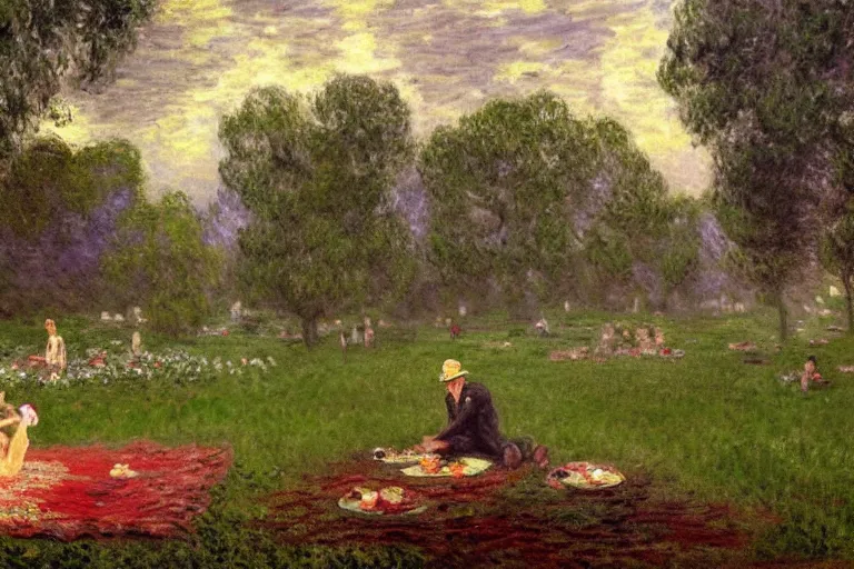 Image similar to a detailed illustration of a god ruining a picnic in the park, nightmare in the park, calamity, dark storms with lightning, ultrawide lens, aerial photography, natural disaster, 8 k, art by claude monet and andreas rocha and albert bierstadt