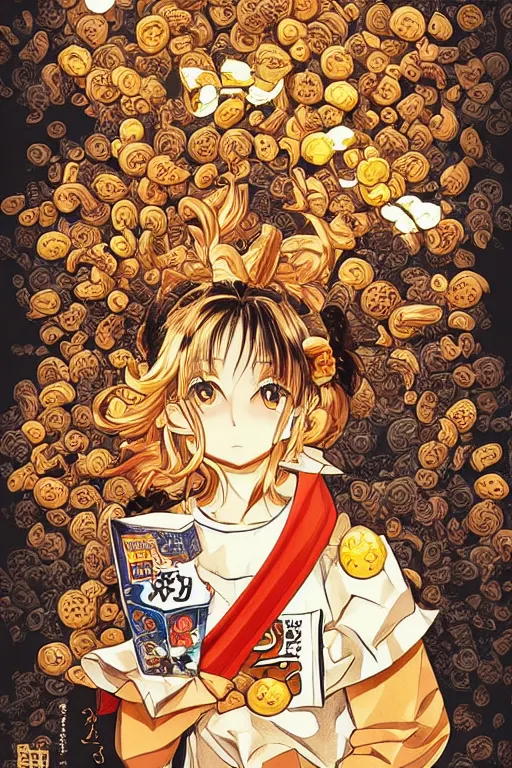 Prompt: manga cover, intricate cereal boxes background, cereal, emotional lighting, character illustration by tatsuki fujimoto