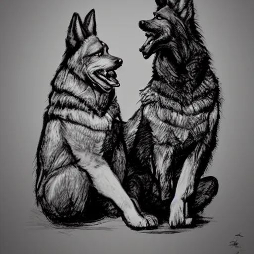 Image similar to two humanoid german shepherds beast - men, sitting on a couch and hugging together, artstation, concept art, smooth, sharp foccus ilustration, artstation