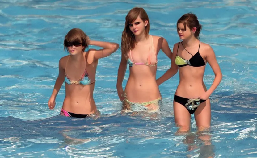 Image similar to emma watson+taylor swift+selena gomez swim together