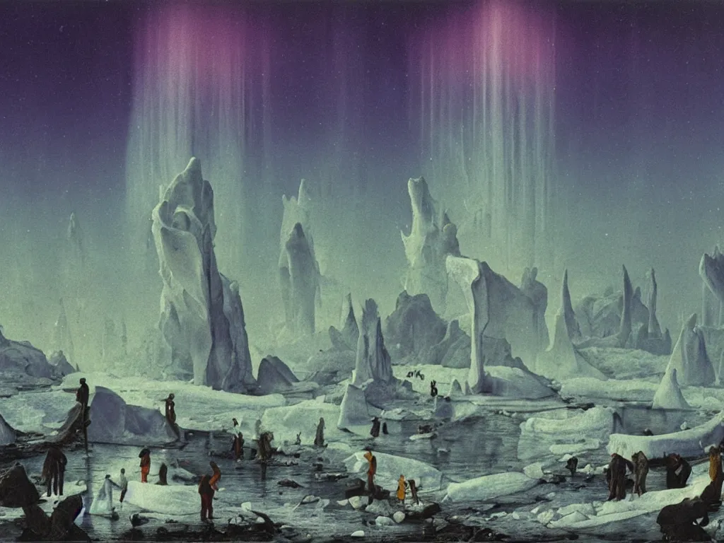 Prompt: Overflowing of the iceberg fungal city. Aurora Borealis. Painting by Walton Ford, Lucas Cranach, Caspar David Friedrich.