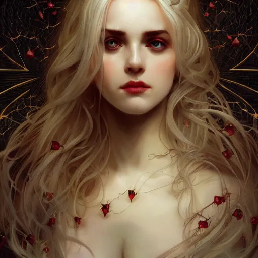 Prompt: portrait of very beautiful vampire, rose thorn crown, thorns everywhere, headshot, pale skin, 4k, rule of thirds, extreme detail, detailed drawing, trending artstation, hd, fantasy, D&D, realistic lighting, by Alphonse Mucha, Greg Rutkowski, sharp focus, backlit, blonde hair, elegant