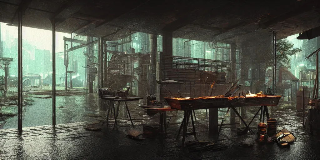 Prompt: blacksmith stall, cyberpunk, rain, in a forest, octane render