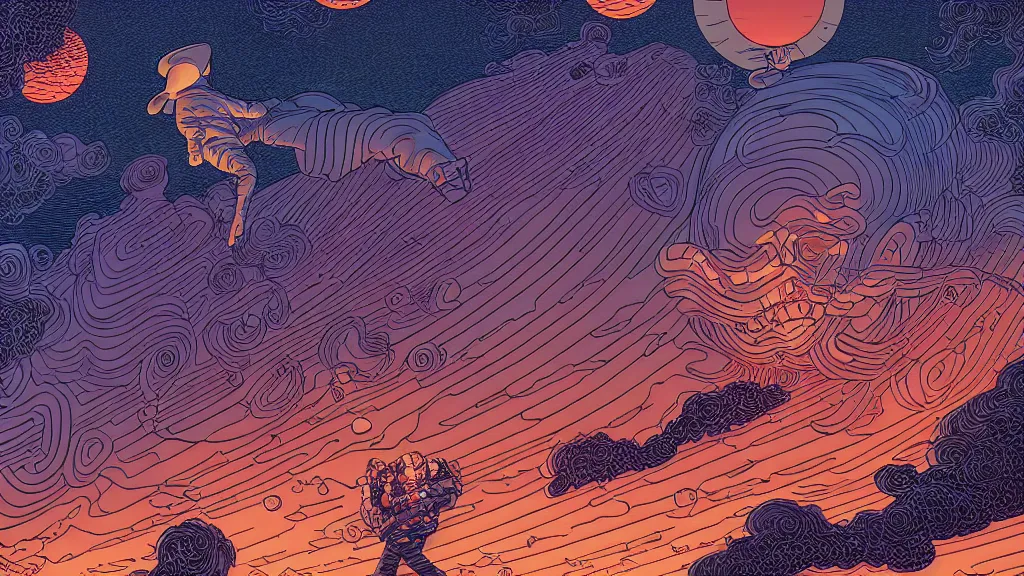 Image similar to highly detailed illustration of an illuminated man floating while facing clouds of gases in a sunset by dan mumford, by moebius, by nico delort, by oliver vernon artist, by joseph moncada, by damon soule, by manabu ikeda, by kilian eng, by kyle hotz, by otomo, 4 k resolution