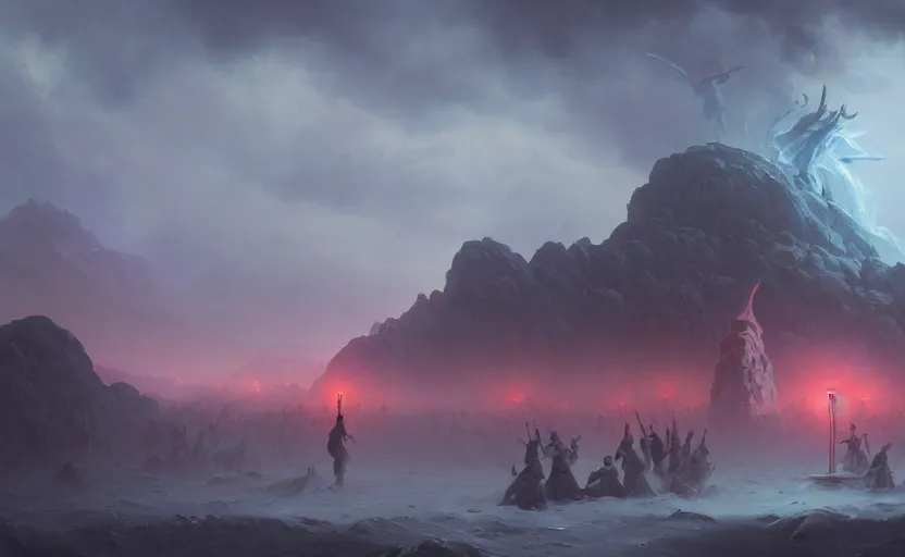 Image similar to A shadow dragon summoning an army of the undead, illustrated by Ivan Aivazovsky, simon stålenhag, WLOP, zdzisław beksiński, environment concept, digital art, unreal engine, trending on artstation, 4K UHD image, octane render,