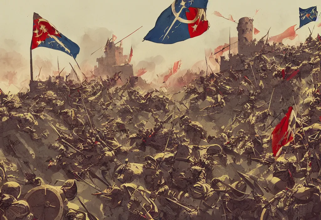 Image similar to handmade illustration of a medieval battle between a small group of soldiers, a few banners and flags, flying arrows, a small castle at the background, smoke, line art, ink, watercolor by Kilian Eng and by Jake Parker, winning-award masterpiece, fantastic, octane render, 8K HD Resolution, High quality image