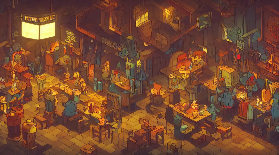 Image similar to A multidimensional cozy tavern, retro video game vibe, cinematic lighting, epic composition, cartoon, animation, background art, post processing, 8K resolution