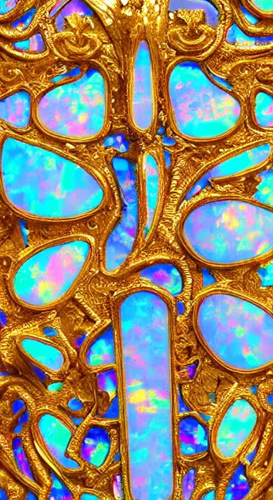 Prompt: beautiful heraldic crest depicting iridescent opal crystals and intricate filigree forms, gilded, Highly detailed, hyperreal, high definition, 8k, 8k render, realistic lighting, cinematic, product shot, dramatic