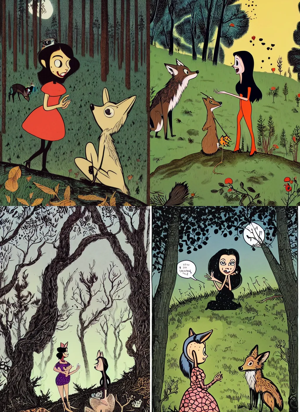 Prompt: a closeup of a young black haired woman talking with a coyote on the top of a forested hill. dynamic conversation, gary baseman, dan mumford, pedro correa, mort drucker, story book, intricate detailed, looking straight into camera