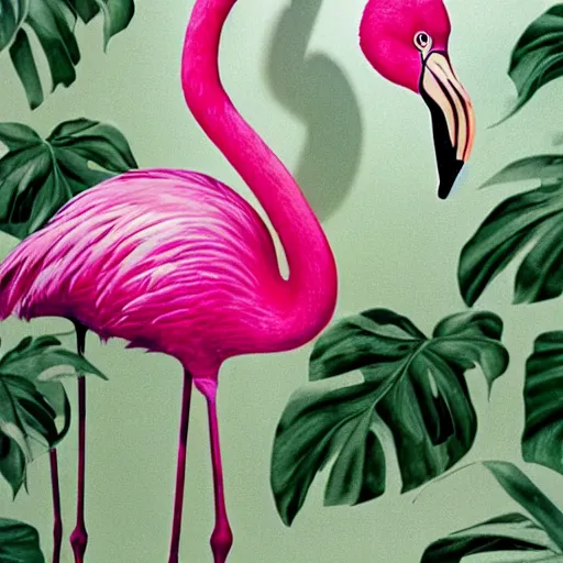 Image similar to photorealistic portrait of pink flamingo in front banana plants and a flamingo print wall, 5 0 mm uhd by annie leibovitz