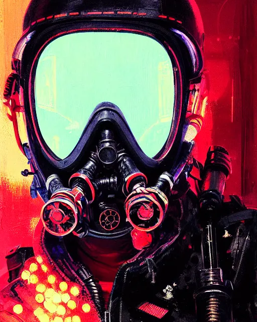 Image similar to detailed portrait neon female swat officer flying a jet, cyberpunk futuristic, neon, gas mask, reflective puffy coat, decorated with traditional japanese by ismail inceoglu dragan bibin hans thoma greg rutkowski alexandros pyromallis nekro rene margitte, fire & smoke, illustrated, perfect face, fine details, realistic shaded, fine - face, pretty face