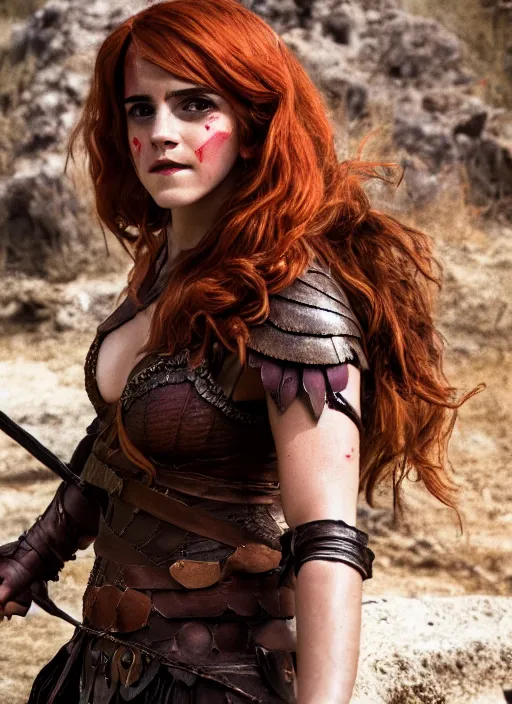 Image similar to photography emma watson as red sonja cinematic