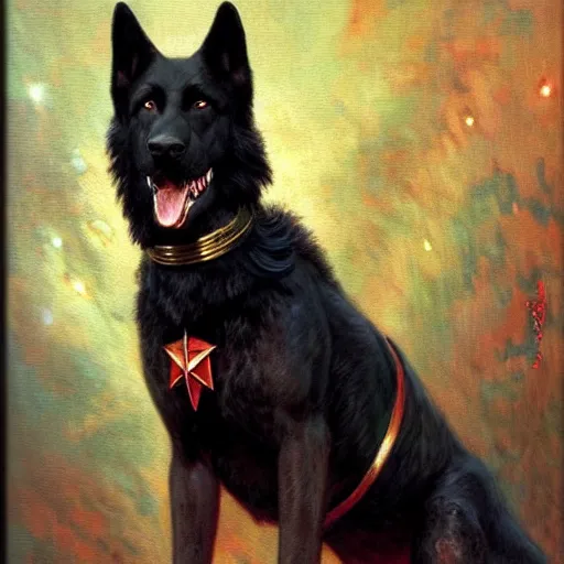 Image similar to a portrait of a black german shepard dogman canine star trek captain red shirt full body. highly detailed painting by gaston bussiere, craig mullins, j. c. leyendecker, furry