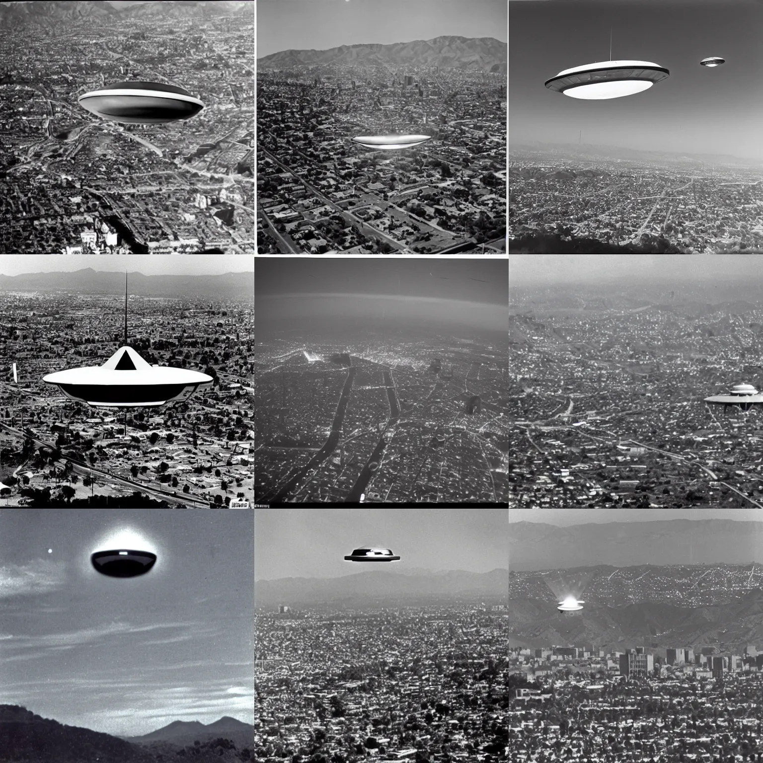 Prompt: 1960s photographic evidence of an alien spaceship flying over 1960s Los Angeles