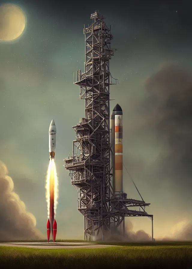 Image similar to epic professional digital art of vertical rocket on launch pad, at takeoff, ambient light, painted,, cinematic, detailed, grand, leesha hannigan, wayne haag, reyna rochin, ignacio fernandez rios, mark ryden, van herpen, artstation, cgsociety, epic, stunning, gorgeous, wow wow detail