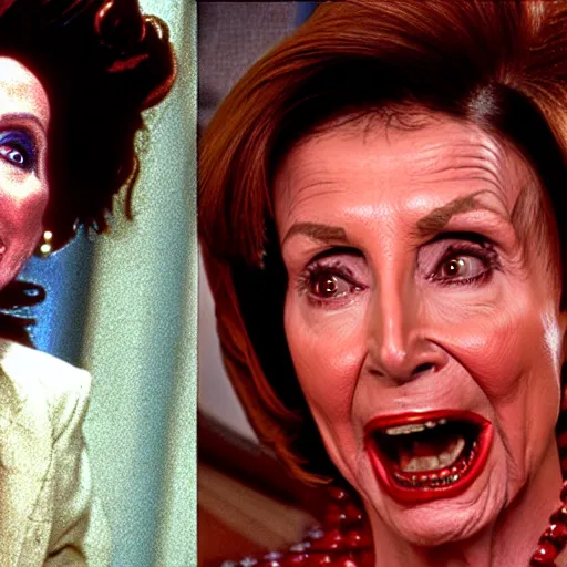 Image similar to film still of nancy pelosi as zuul in ghostbusters.
