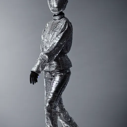 Image similar to an elegant mannequin, dressed in an intricate futuristic outfit, baggy pants, puffy shiny coat, sneakers, in a studio setting, studio lighting, dramatic lighting, studio photography