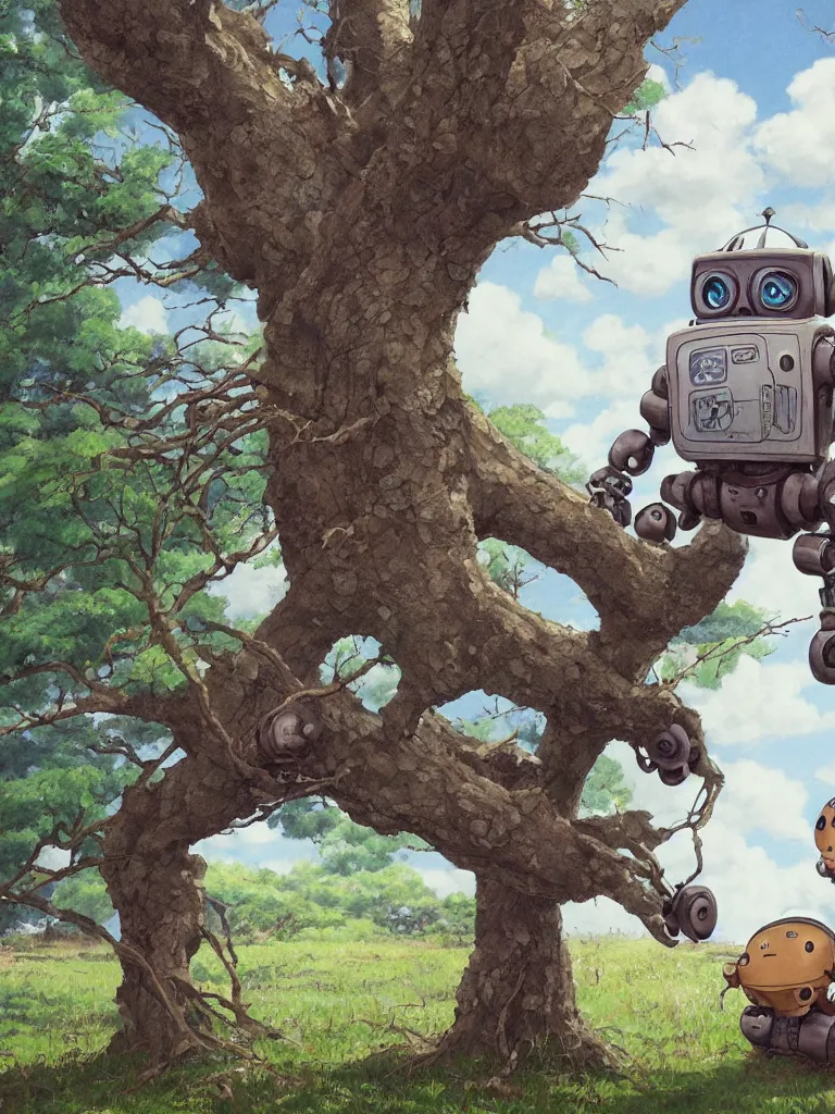 Image similar to award winning hyper-realistic portrait painting of a rustic robot sitting under a tree, film still in the style of Studio Ghibli, by Hayao Miyazaki, high quality, detailed, 8k, amazing, single robot