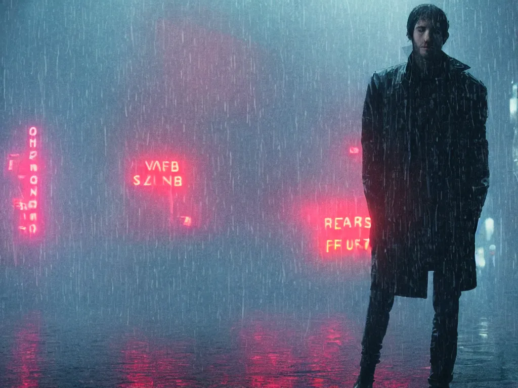 Image similar to Aaron Swartz in film still from Blade Runner 2049, beautiful lighting, raining, neon lights, cinematic depth, ultra-sharp details, imax post production, criterion collection, 8k