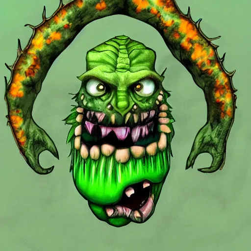 Image similar to Plant monster with a menacing smile and amber teeth, green body, semi realistic, trending on art station