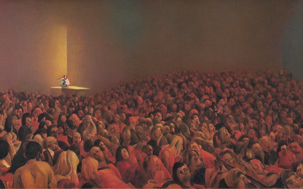 Image similar to charli d'amelio giving a lecture in a crowded physics auditorium at harvard university, oil painting by zdzisław beksinski, iridescent color palette chromatic aberration