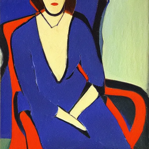 Image similar to an oil painting by matisse of marvel black widow sitting on a chair,