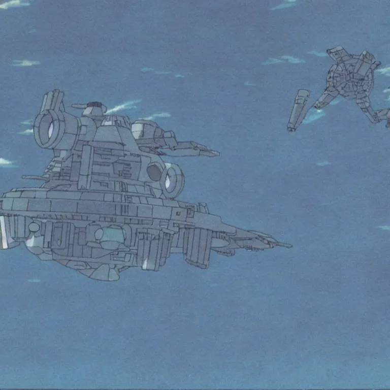 Image similar to 1 9 9 0 studio ghibli animation cel still from nausicaa of the valley of the wind of a star destroyer spewing out tie fighters