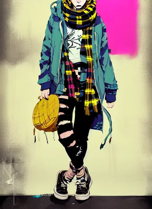 Image similar to highly detailed portrait of a sewer punk lady student, blue eyes, tartan hoodie and scarf, white hair by atey ghailan, by greg rutkowski, by greg tocchini, by james gilleard, by joe fenton, by kaethe butcher, gradient yellow, black, brown and pink color scheme, grunge aesthetic!!! ( ( graffiti tag wall background ) )