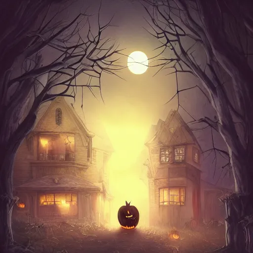 Image similar to a creepy and eery Halloween setting, with Jack o lanterns on the street and shadow figures lurking about, dynamic lighting, photorealistic fantasy concept art, stunning visuals, creative, cinematic, ultra detailed, trending on art station, spooky vibe